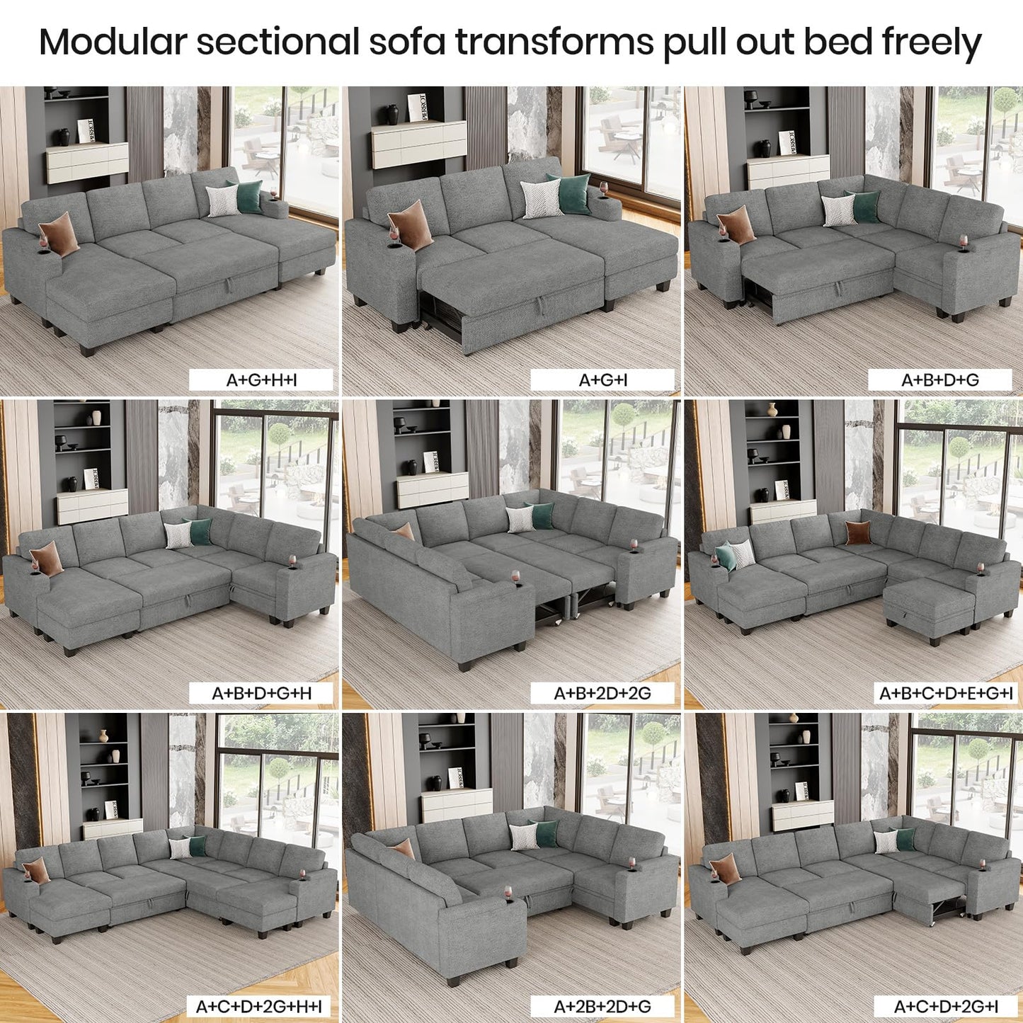 Belffin Modular Sectional Sleeper Sofa Couch Bed with Storage Chaise U Shaped Couch with Pull Out Sofa Bed for Living Room. Light Grey Couch.