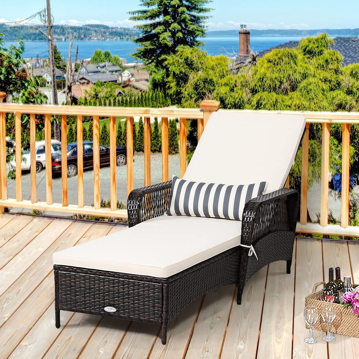 COSTWAY PE Rattan Chaise Lounge Chair, 6 Gear Adjustable Recliner with Armrest & Pillow, Wicker Outdoor Furniture for Deck, Patio (1, Brown) COSTWAY