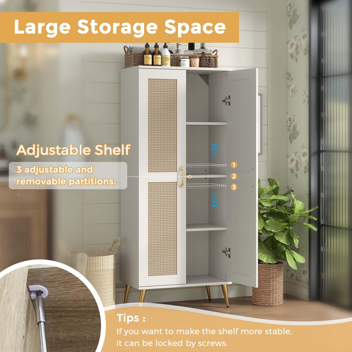 JASIWAY 57" Tall Storage Cabinet with 2 Rattan Doors, Wooden Floor Cabinet with Adjustable Shelves for Bathroom/Kitchen/Living Room, Freestanding Pantry, Metal Handle, Anti-Tipping Device, White JASIWAY
