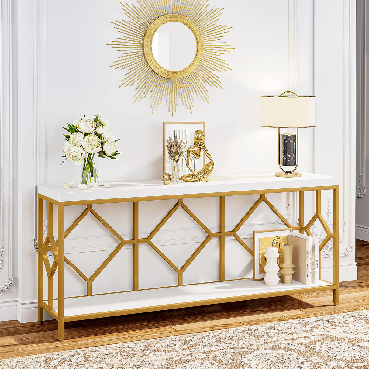 Extra-Long White and Gold Sofa Table with Open Storage Shelf by Tribesigns Tribesigns