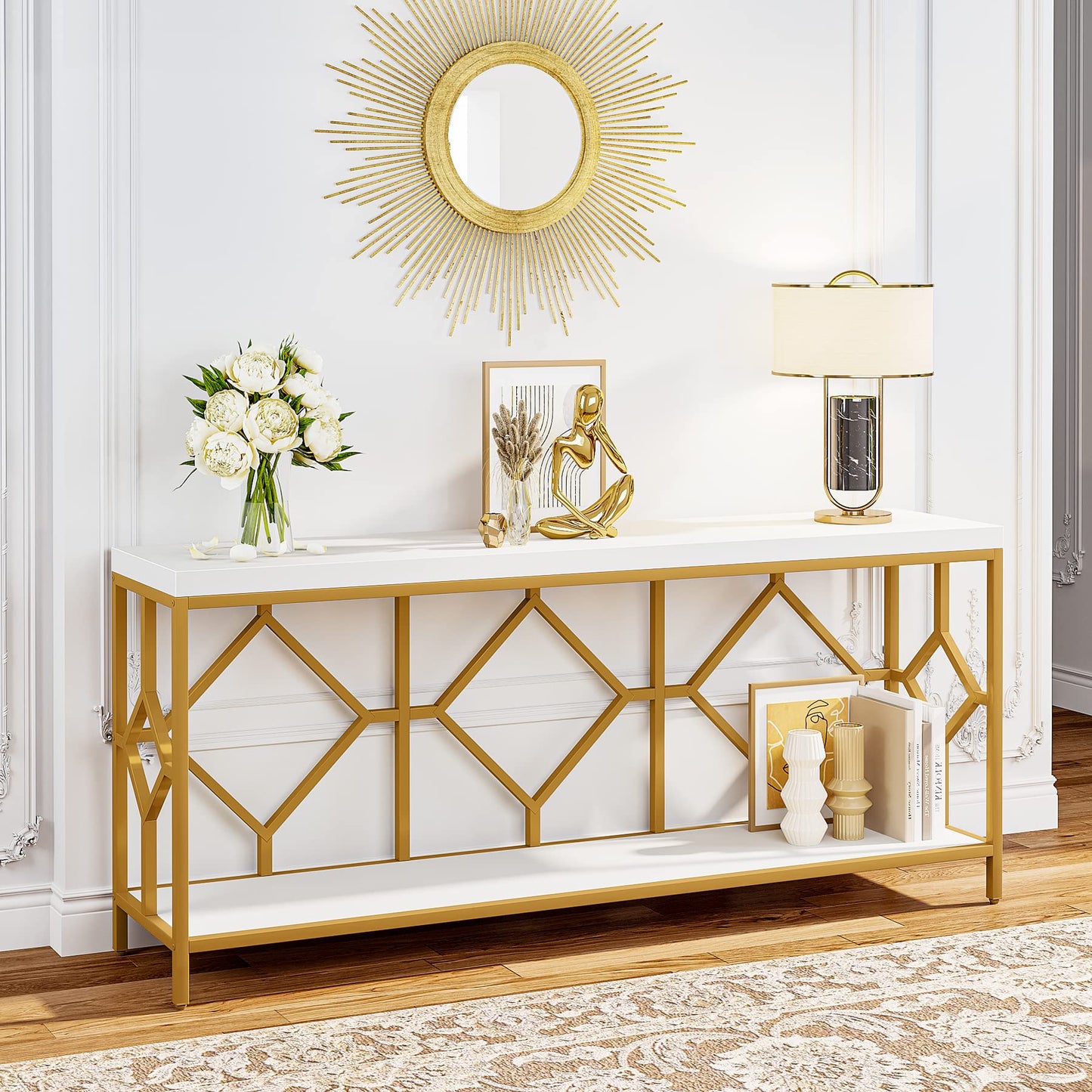 Extra-Long White and Gold Sofa Table with Open Storage Shelf by Tribesigns