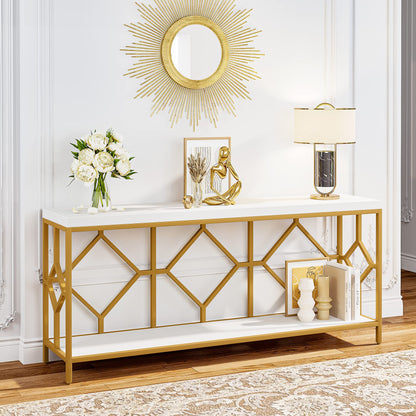 Extra-Long White and Gold Sofa Table with Open Storage Shelf by Tribesigns