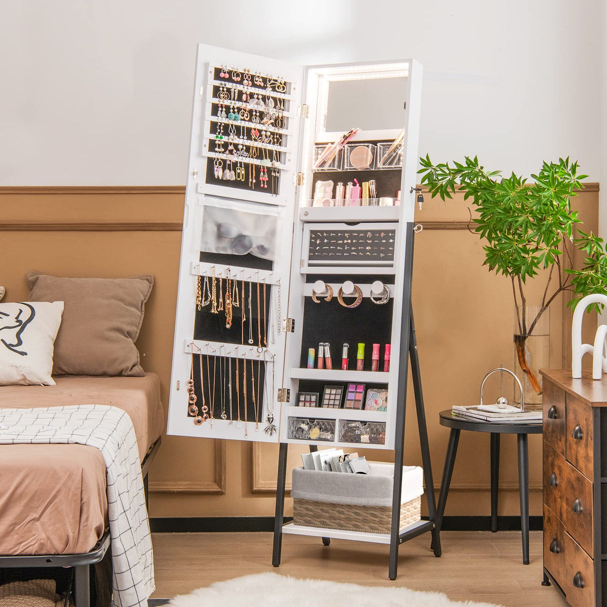 CHARMAID LED Strip Jewelry Armoire with 47.2" H Full Length Mirror, Lockable Jewelry Cabinet Organizer with 3-Color Lights, 3 Brush Boxes, 2 Drawers, Bottom Storage Shelf, Metal Frame (White) CHARMAID