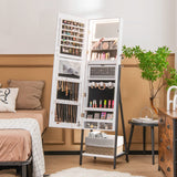 CHARMAID LED Strip Jewelry Armoire with 47.2" H Full Length Mirror, Lockable Jewelry Cabinet Organizer with 3-Color Lights, 3 Brush Boxes, 2 Drawers, Bottom Storage Shelf, Metal Frame (White) CHARMAID