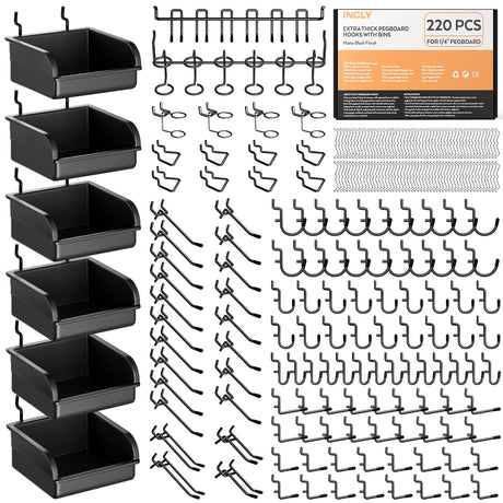 INCLY 220PCS Extra Thick 1/4" Pegboard Accessories Organizer Kit, Heavy Duty Black Pegboard Hooks with Bins and Peg Lock, Peg Board Hooks Assortment for Garage Wall Attachments Hanging Tools INCLY