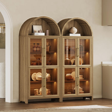 SICOTAS 74" Display Cabinet with Glass Doors - Modern 5-Tier Arched Bookcase with Rechargeable 3-Color LED Lights & Motion Sensor, Large Pantry Cabinet for Kitchen, Living Room, Home Office, Brown Oak SICOTAS