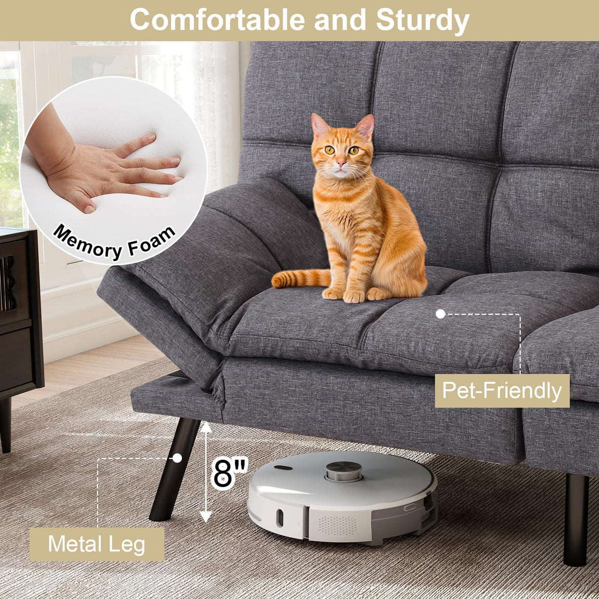 MUUEGM Futon Sofa Bed Memory Foam Small Loveseat Sleeper Sofa Dark Grey with Adjustable Backrest Removable Armrests for Small Space Office Couch,Living Room,Apartment MUUEGM