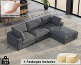 PaPaJet 114 Inch Cloud Modular Sectional Sofa, Oversized Down Filled Sectional Couch with Chaise, Ottoman, 4 Seats L Shaped Sofa for Living Room, Grey Linen Couch PaPaJet