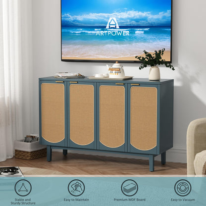 ARTPOWER Sideboard Buffet Cabinet with 4 Rattan Doors, Accent Storage Cabinet with Shelves, Free Standing TV Console Table, Modern Teal Cabinet for Kitchen, Dining Room, Living Room, Bedroom, Hallway