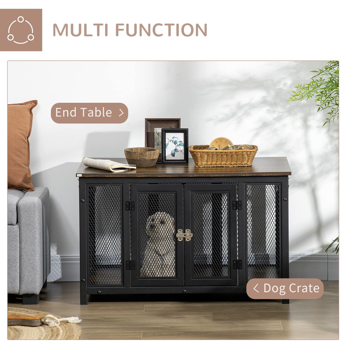 PawHut Furniture Style Dog Crate with Openable Top, Big Dog Crate End Table, Puppy Crate for Small Dogs Indoor, Spacious Interior, Pet Kennel, Brown, Black PawHut