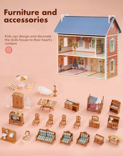 ROBOTIME Doll House 3 in 1 Wooden Dollhouse Doll House for Kids Toddler 3 4 5 6 Years Old, Dollhouse with DIY Furniture/ 40+PCS Accessories, Present Gift for Girl Ages 3+(Antique Style)