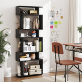 Tangkula 6-Tier S-Shaped Bookshelf, 64" Freestanding Geometric Bookcase, Home Office Wood Storage Shelf with Anti-Toppling Device, Room Divider Display Rack for Study, Living Room (1, Black) Tangkula