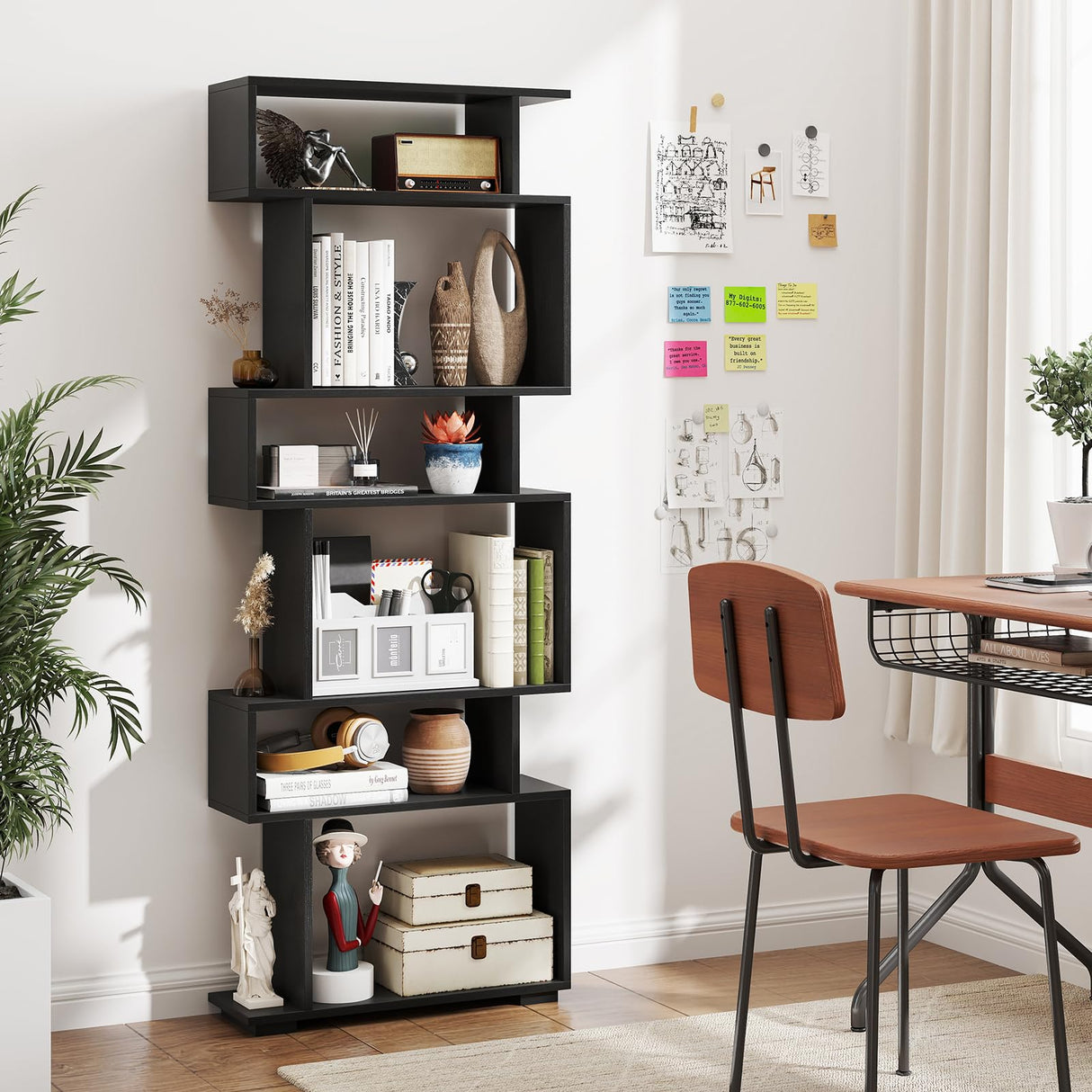 Tangkula 6-Tier S-Shaped Bookshelf, 64" Freestanding Geometric Bookcase, Home Office Wood Storage Shelf with Anti-Toppling Device, Room Divider Display Rack for Study, Living Room (1, Black) Tangkula