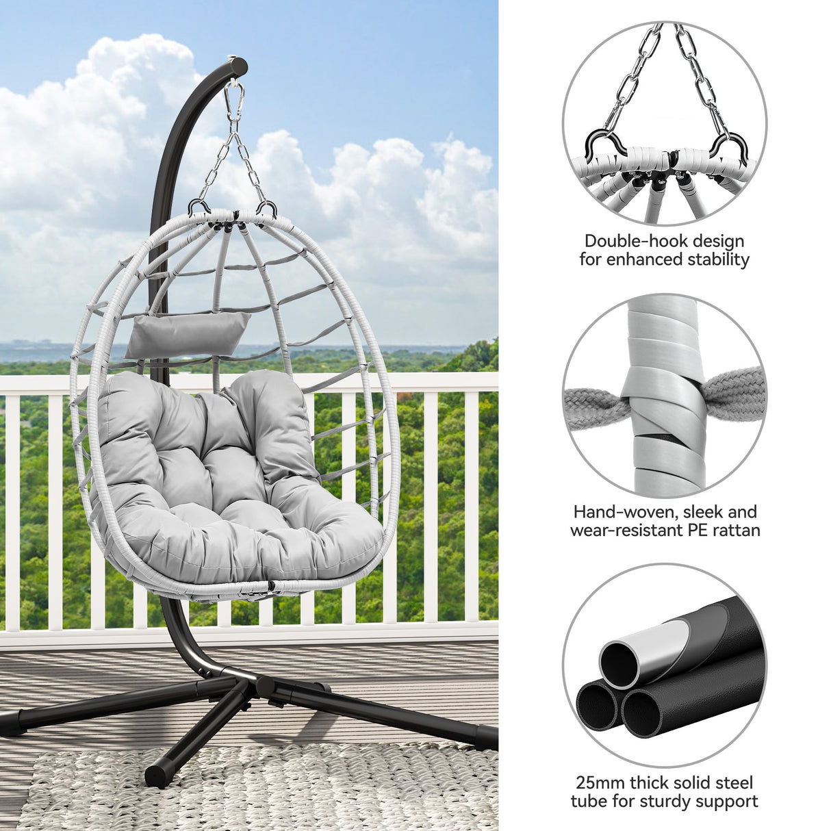 YITAHOME Egg Chair Swing Hanging Outdoor Wicker Hammock Chairs Indoor with Steel Stand UV Resistant Cushion 330lbs for Patio, Bedroom, Garden and Balcony - Gray YITAHOME