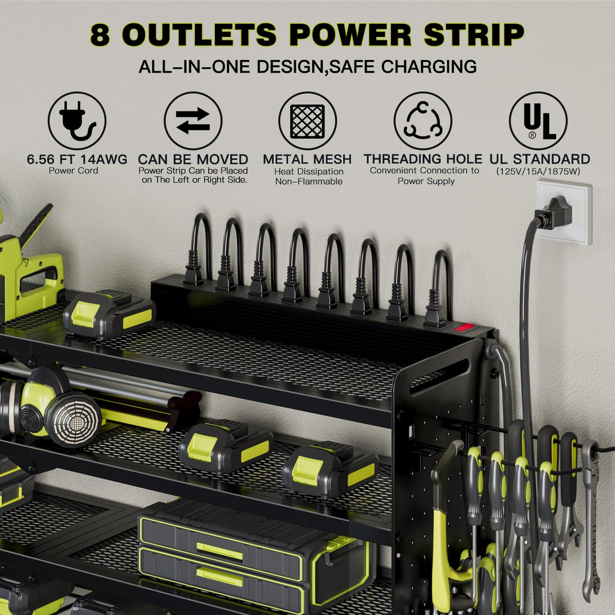 NattyDot Power Tool Organizer Wall Mount with Charging Station,Cordless Tool Organizer 8 Drill Holder, 4 Layer Storage Rack for Garage Organization,Tool Holder with 8 Outlet Power Strip (Black) NattyDot