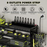 NattyDot Power Tool Organizer Wall Mount with Charging Station,Cordless Tool Organizer 8 Drill Holder, 4 Layer Storage Rack for Garage Organization,Tool Holder with 8 Outlet Power Strip (Black) NattyDot