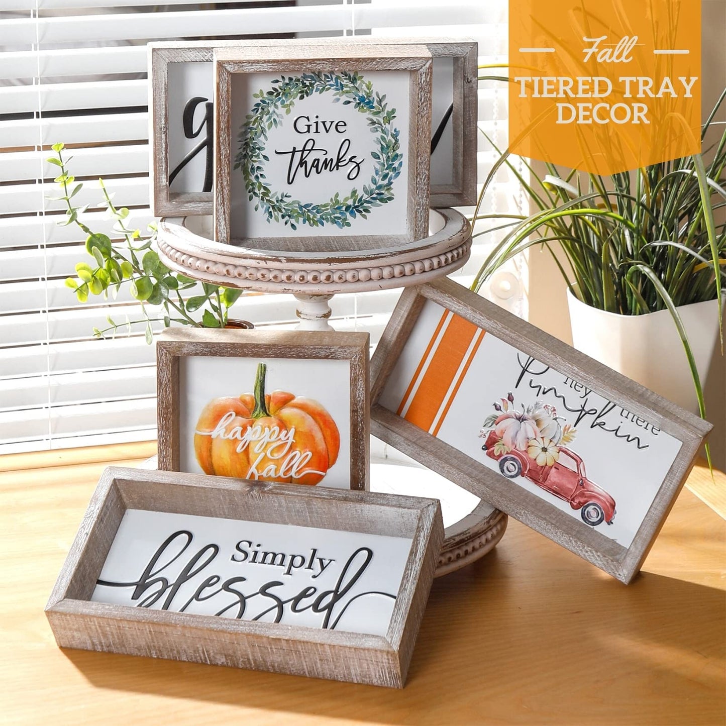 FESTWIND Tiered Tray Decor, Simply Blessed Sign Embossed Metal With Wood Frame - Shelf, Mantel, Blessed Signs for Home Decor - Rustic Thanksgiving, Primitive Decoration