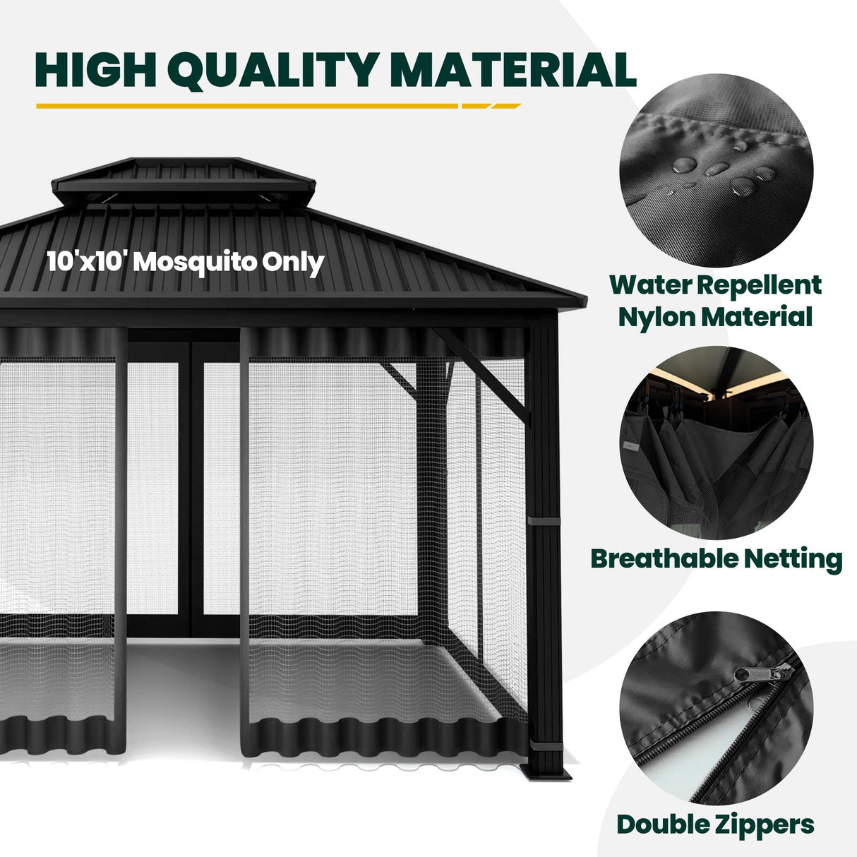 OLILAWN Gazebo Universal Replacement Mosquito Netting, 10' x 10' Outdoor Canopy Net Screen 4-Panel Sidewall Curtain, with Zippers, Easy to Install, Fit for Most Gazebo 10x10 Canopy, Black OLILAWN