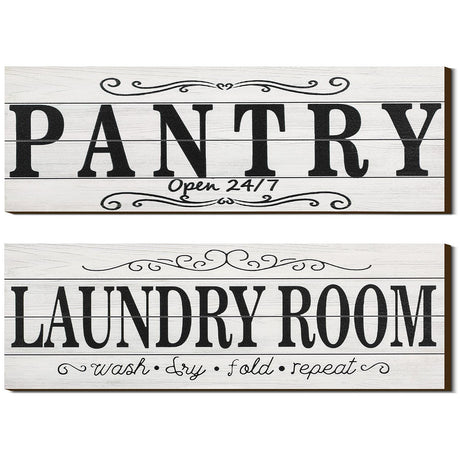 Jetec 2 Pcs Pantry Sign Wooden Pantry and Laundry Room Signs Wall Decor Farmhouse Laundry Pantry Room Door Sign for Kitchen Home Pantry Room, 15 x 5 Inches(White) Jetec