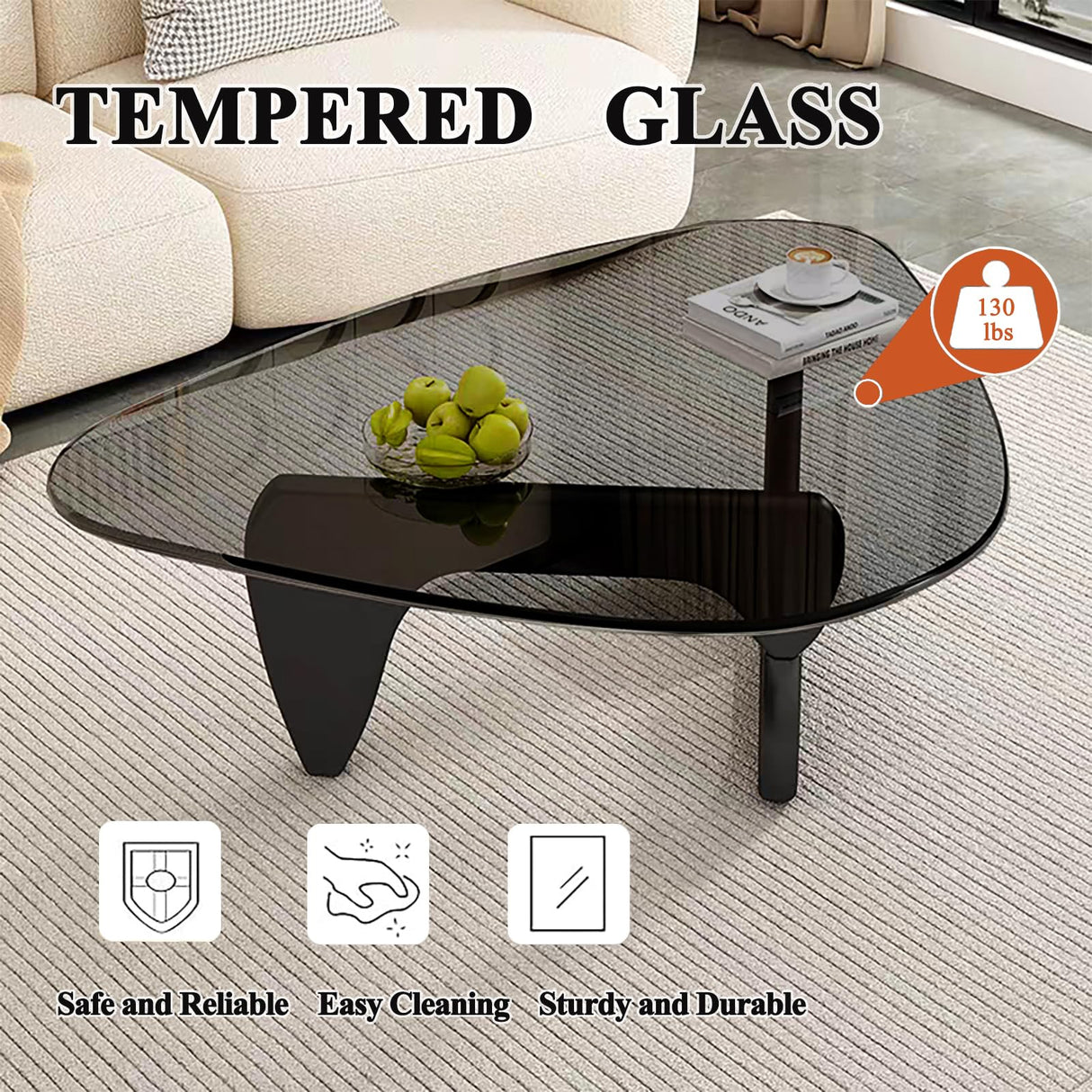 Modern Glass Coffee Table for Living Room, Mid Century Coffee Table, Small Coffee Table, Suitable for Bedroom Living Room Reception Office Tables (Black/Grey, Medium) LZYFY