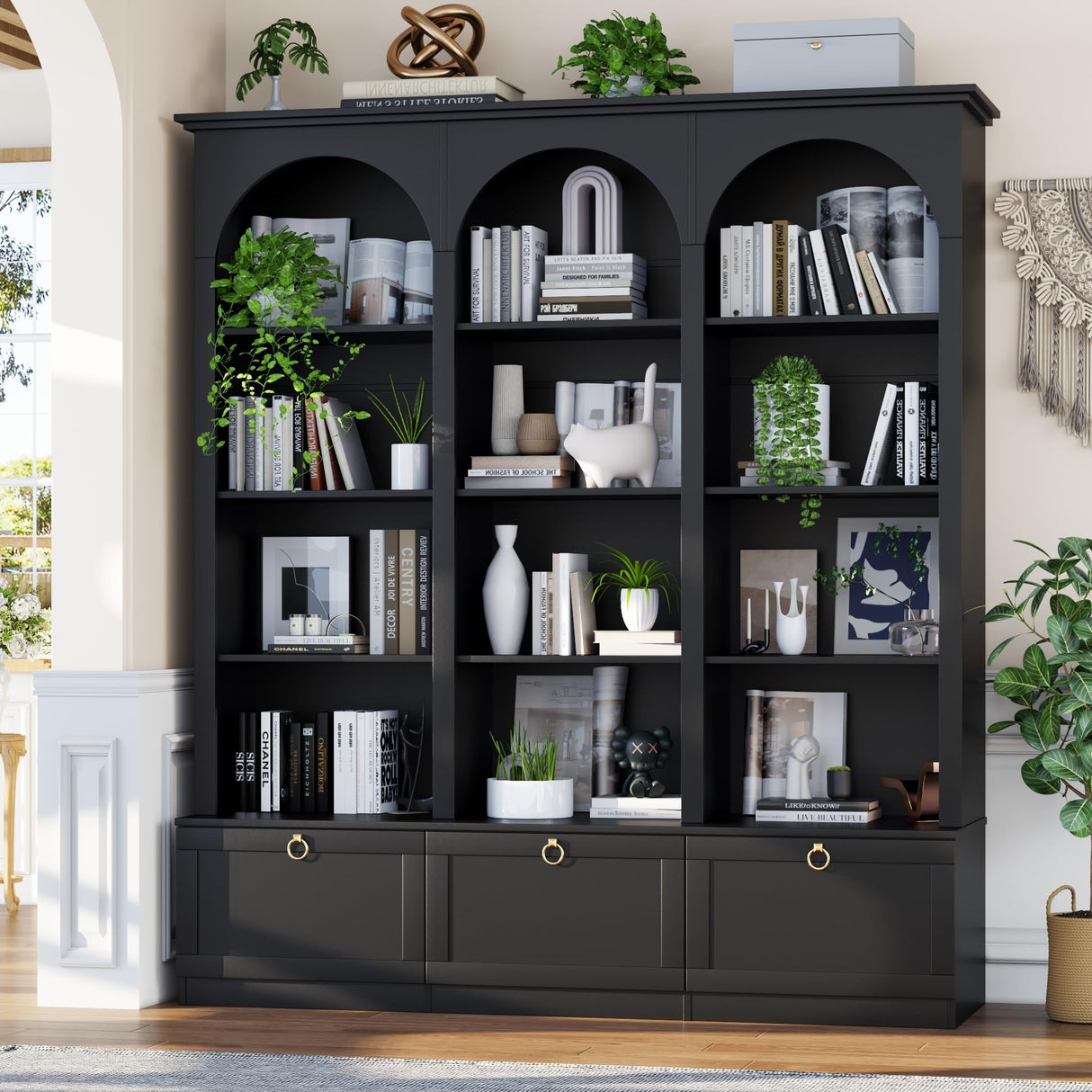 71" Triple Bookshelf with Doors, 5 Tier Tall Bookshelf with Cabinet , Large Book Shelf w/ 12 Adjustable Open Display Shelves & Anti-Tipping, 63" Wide Arched Bookcase for Living Room, Study, Black Loomie