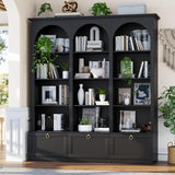 71" Triple Bookshelf with Doors, 5 Tier Tall Bookshelf with Cabinet , Large Book Shelf w/ 12 Adjustable Open Display Shelves & Anti-Tipping, 63" Wide Arched Bookcase for Living Room, Study, Black Loomie