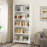 TVU 5-Tier Wooden Book shelf, 65"H × 31.5"W × 9.9“D Bookshelf with Storage, Floor-Standing Display Bookcase, Farmhouse Style Bookshelf with Arched Base, Suitable for Living Room, Study, Office, White TVU