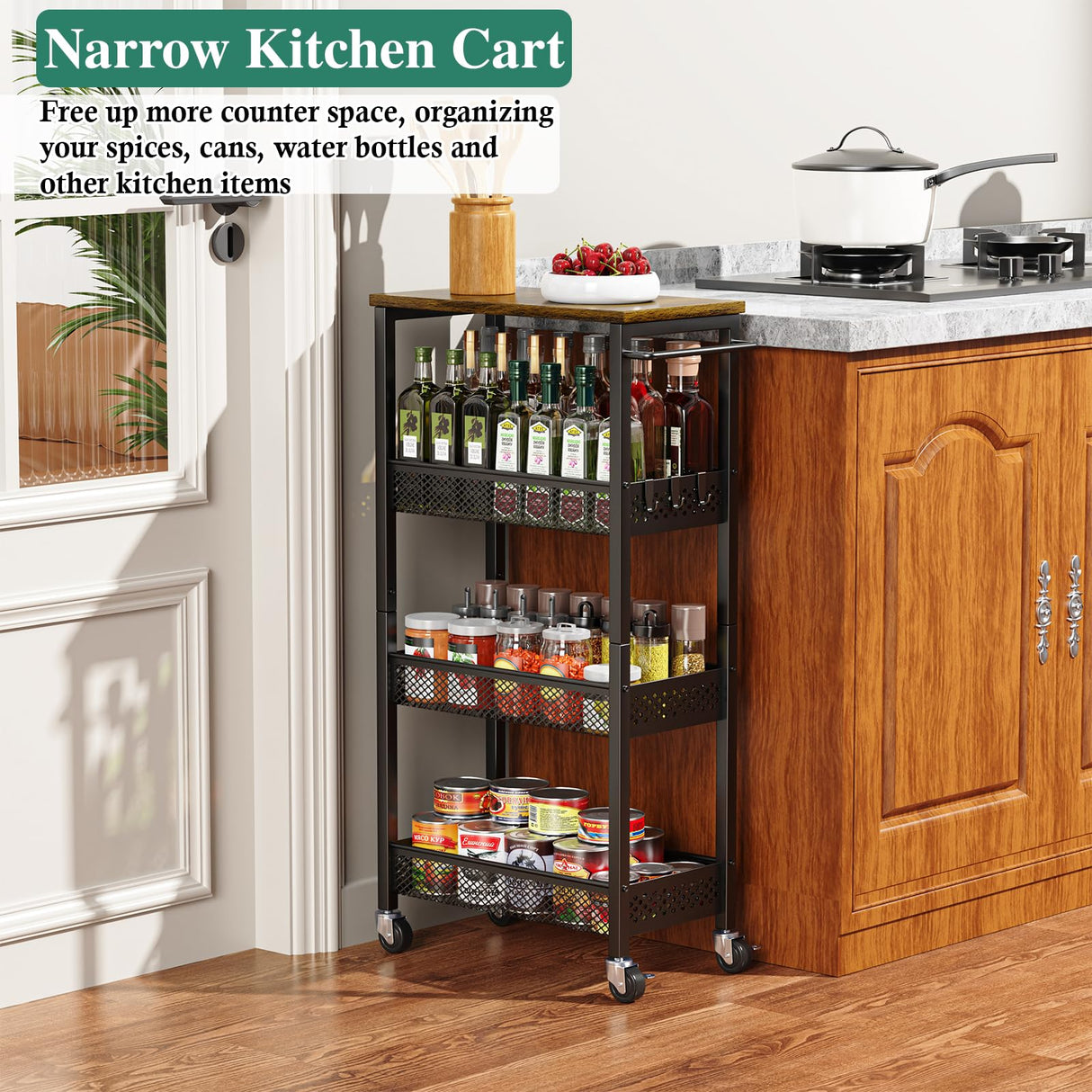 OKZEST Utility Slim Storage Cart, 4-Tier Narrow Bathroom Organizer and Storage Cart, Metal Narrow Kitchen Laundry Room Organization Rack with Wood Top, Slim Rolling Shelf with Wheels for Small Space OKZEST