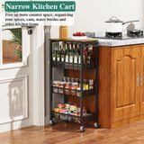 OKZEST Utility Slim Storage Cart, 4-Tier Narrow Bathroom Organizer and Storage Cart, Metal Narrow Kitchen Laundry Room Organization Rack with Wood Top, Slim Rolling Shelf with Wheels for Small Space OKZEST