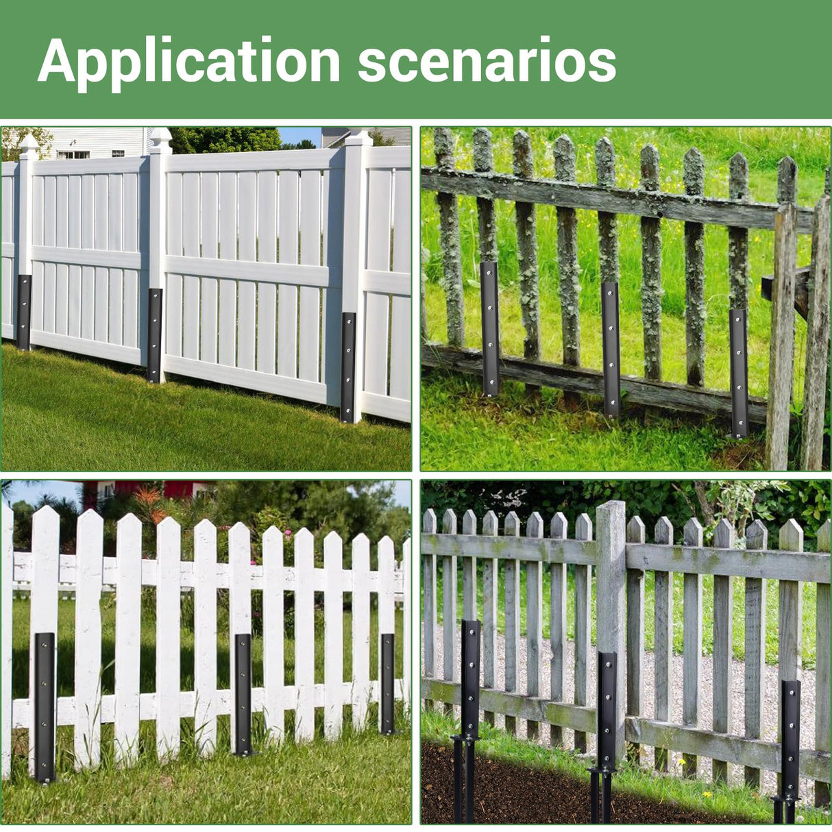 2 Pack Fence Post Repair Kit， Fence Post Anchor Kit, Heavy Duty Steel Fence Post Repair Stakes, Fence Post Anchor Ground Spike for Repairing Tilted Broken Wooden Fence Post, Black YSaekYeo