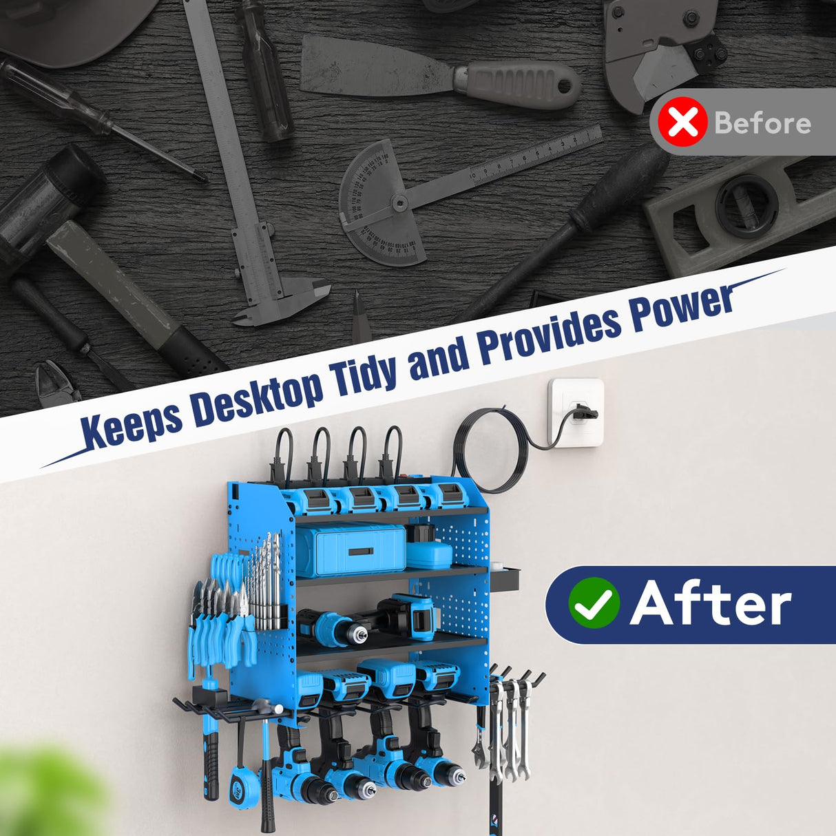 Heavy Duty Power Tool Organizer Wall Mount with Charging Station, 4 Layer Garage Storage Adjustable Shelves Height, Holds 4 Drills, 2 Hooks, Screw & Screwdriver box, Gifts for Fathers Day, Anniversary FURTIME