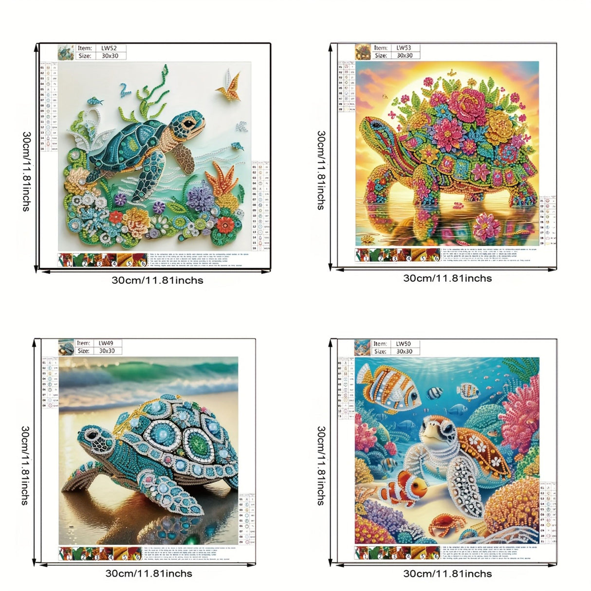 KUFWKEY 4 Pack Sea Turtle Diamond Art Kits for Adults,5d Diamond Painting Kits for Beginner,Crystal Rhinestones DIY Handicrafts,Diamond Mosaic Gem Art,Special Shape Diamond Art,11.81X11.81 inchs KUFWKEY