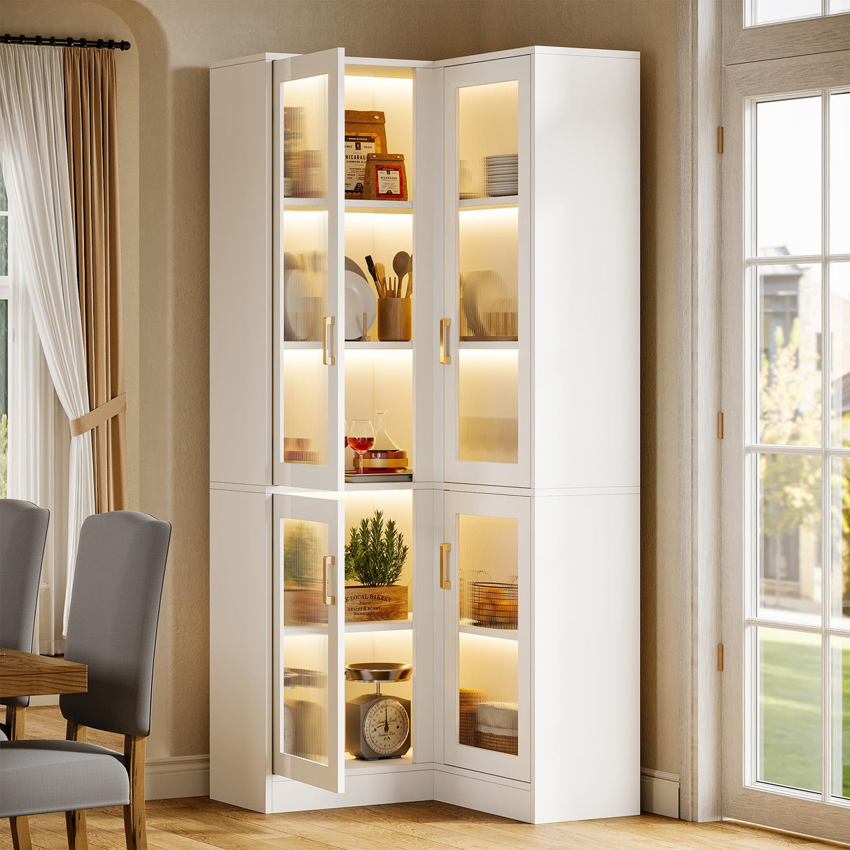 Tribesigns 70.9" Tall Bookcase, Modern 5-Tier Bookshelf Display Cabinet with with LED Light, L-Shaped Corner Storage Cabinet, White Tribesigns