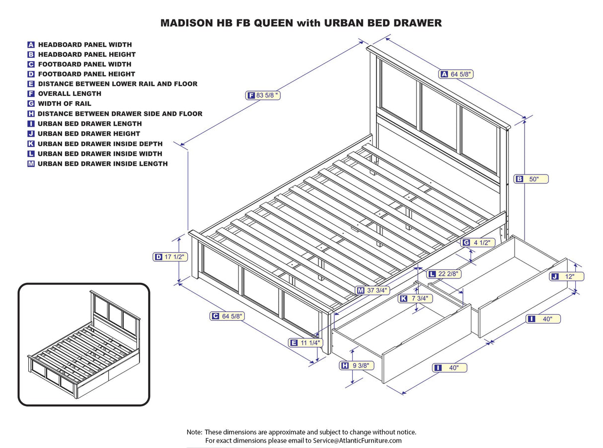Atlantic Furniture AR8646114 Madison Platform Bed with Matching Foot Board and 2 Urban Bed Drawers, Queen, Walnut AFI