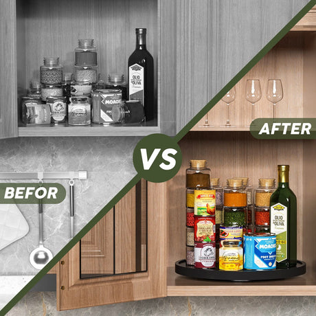 Lazy Susan Organizer, 13.2 Inch Non-Skid Bamboo Lazy Susan for Kitchen Table cabinets Closets and Kitchen Islands, Wood Turntable for Kitchen Countertop Organizer Black VeyFey