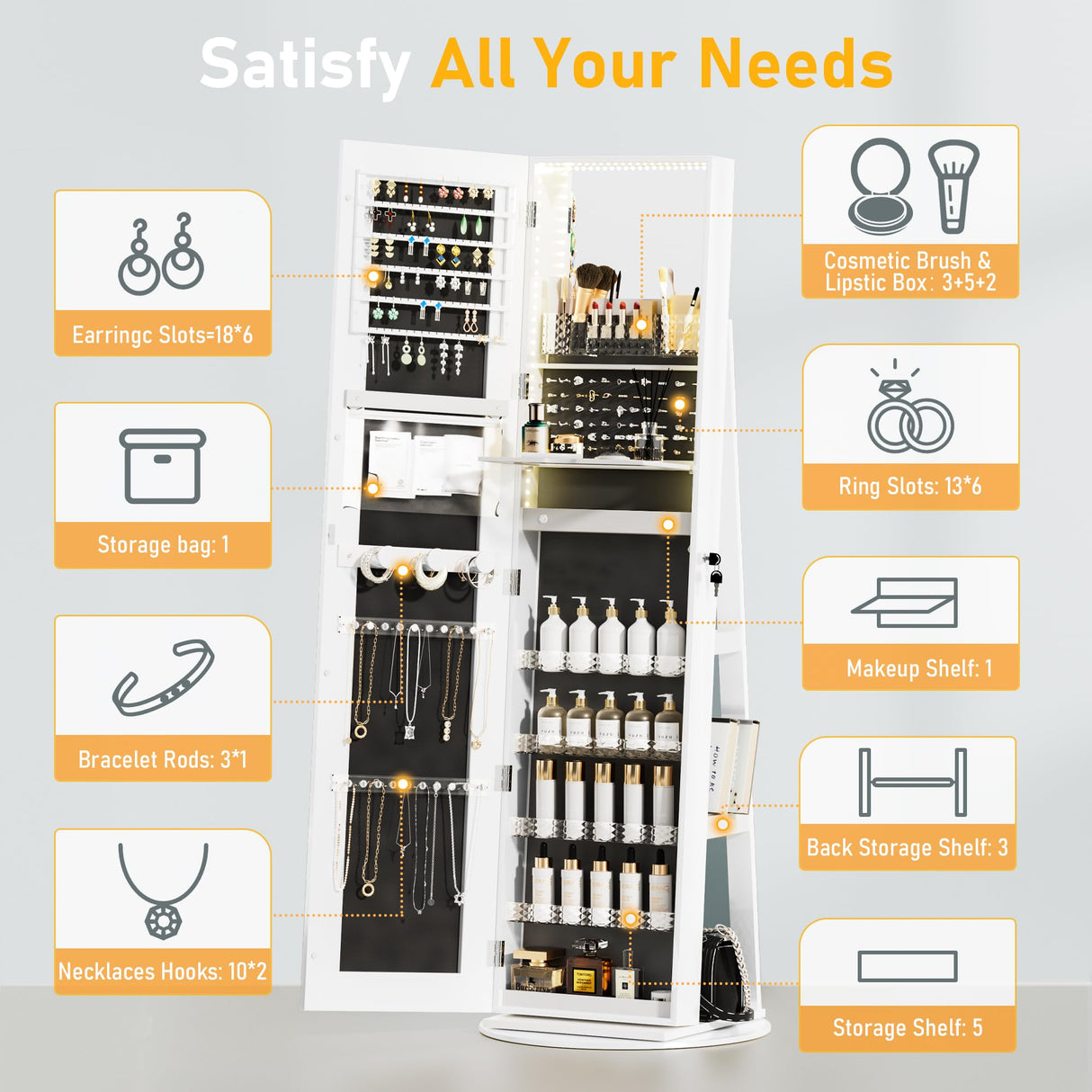 TJYGO LED Mirror Jewelry Cabinet Standing, with Full-Length Mirror and Adjustable LED Lights, Lockable Jewelry Armoire, 360° Swivel Jewelry Storage TJYGO