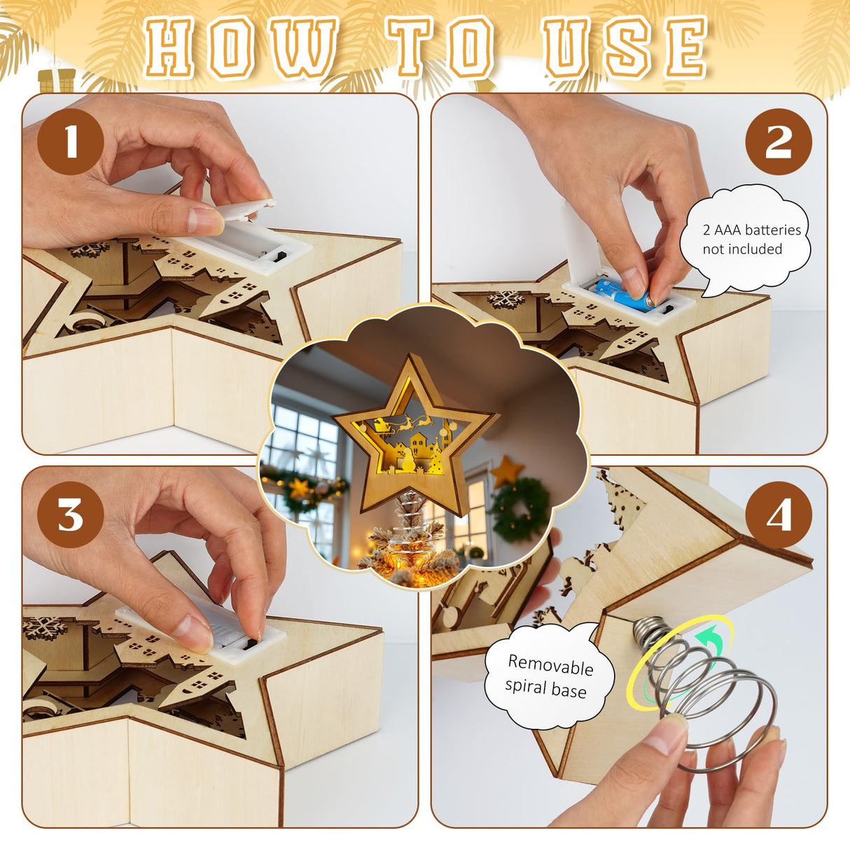 OurWarm Christmas Tree Topper Star Lighted, Wooden Star Tree Toppers Christmas Decorations, Christmas Tree Star Topper with Lights, Rustic Tree Topper for Shelves Tables Indoor Christmas Decorations OurWarm