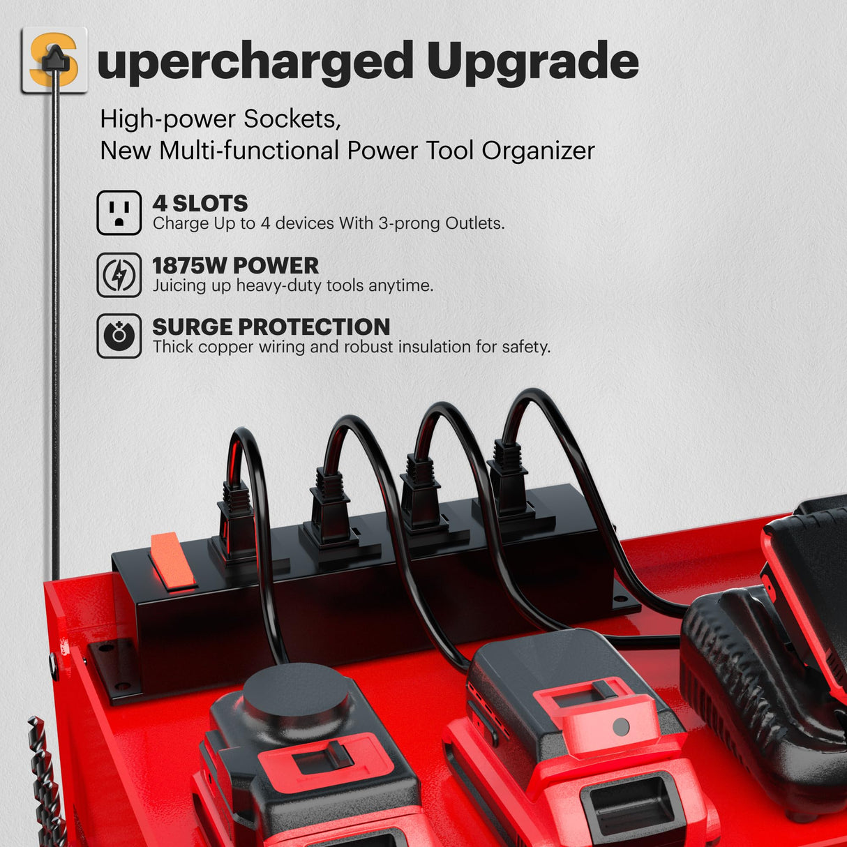 Spampur Power Tool Organizer Wall Mount with Charging Station,Garage Metal Cabinet 15 Min Quick Assembly & Max 150lb load with 6 Outlet Power Strip, 8 Slots Cordless Drill for Workshop/Shed/Tool Room Spampur