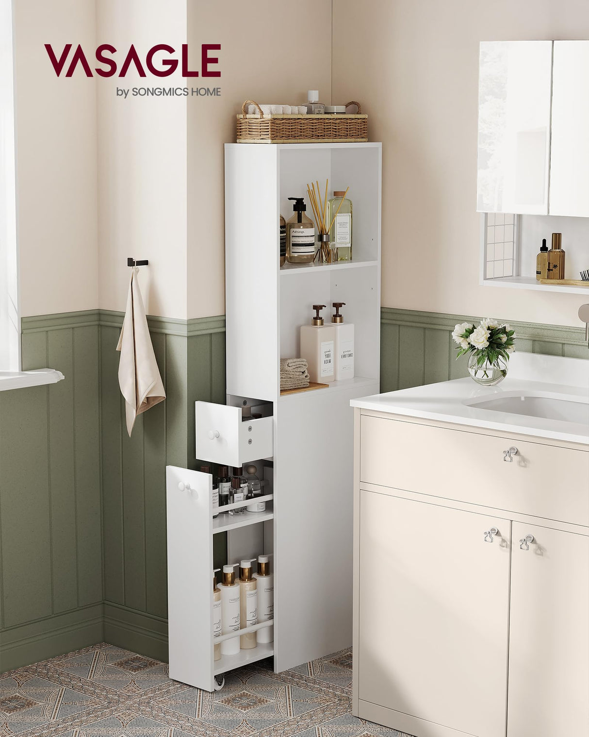 VASAGLE Slim Storage Cabinet, Narrow Freestanding Cabinet with Drawers and Adjustable Shelf, Modern Linen Tower for Living Room Bathroom Bedroom, White UBBK567T14 VASAGLE