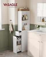VASAGLE Slim Storage Cabinet, Narrow Freestanding Cabinet with Drawers and Adjustable Shelf, Modern Linen Tower for Living Room Bathroom Bedroom, White UBBK567T14 VASAGLE