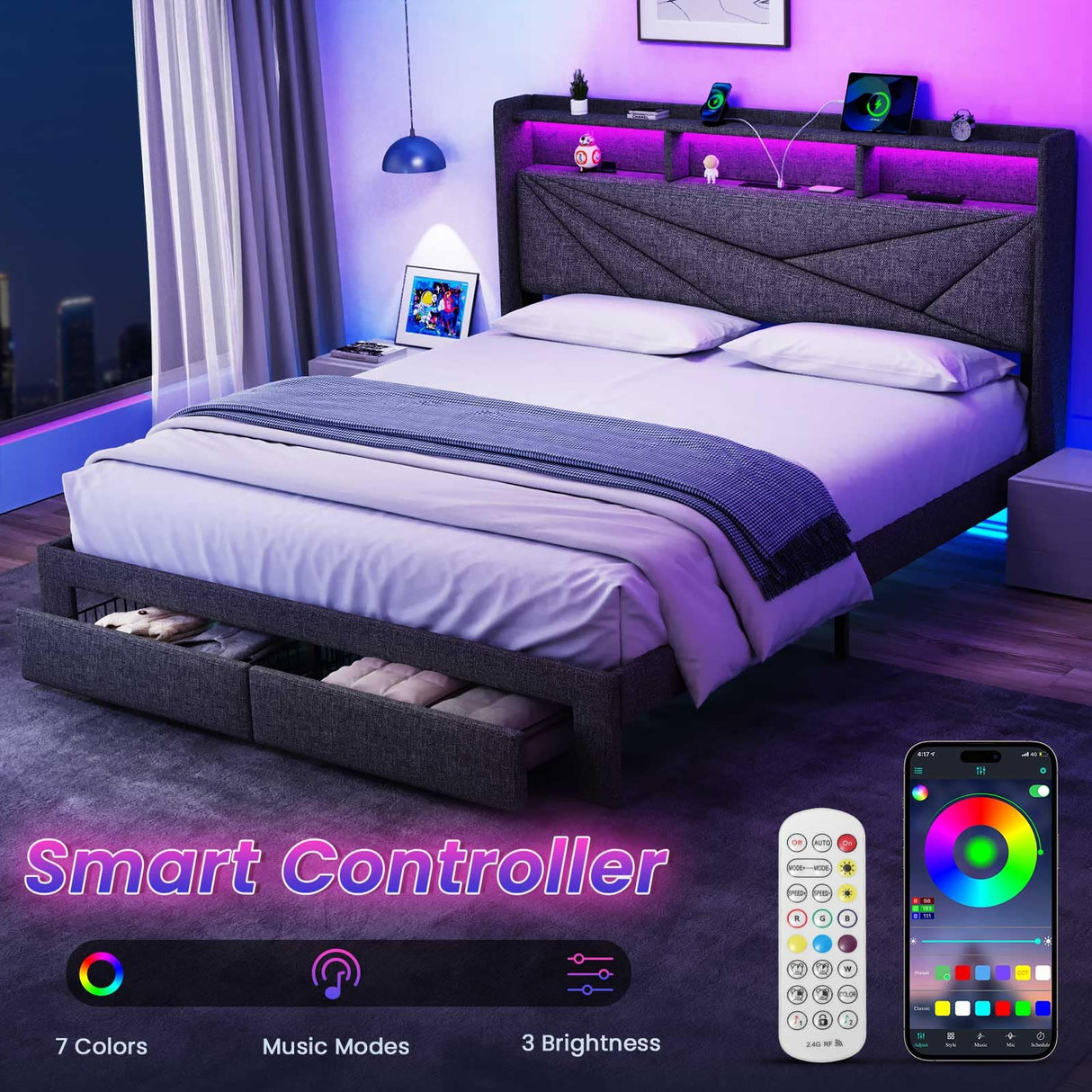 Driftalia LED Queen Bed Frame with 2 Storage Drawers, Upholstered Bed Frame Queen Size with Headboard and Charging Station, No Box Spring Needed, Easy to Assembly-Dark Grey Driftalia