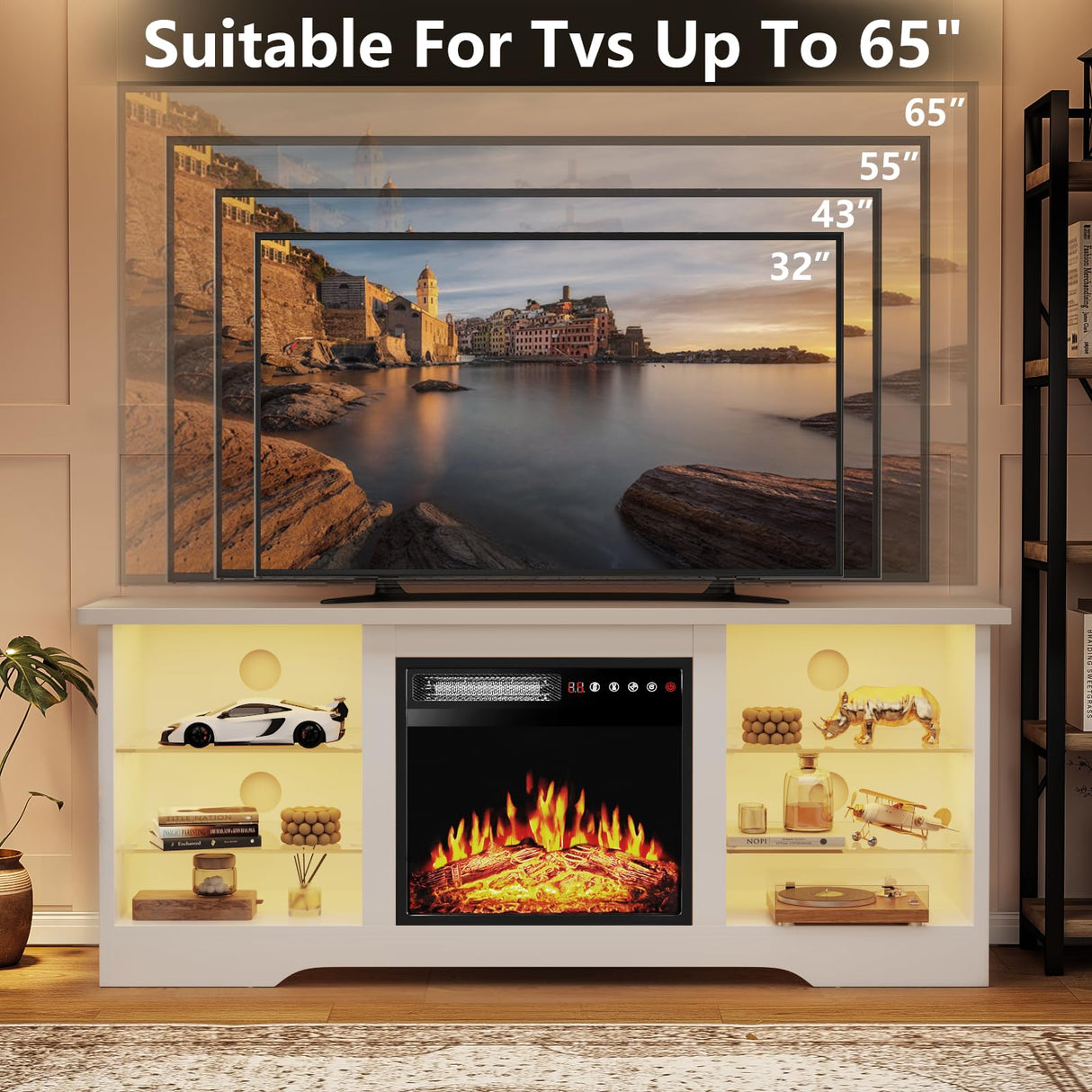 TAVATA Fireplace TV Stand with 18''Fireplace, Modern Entertainment Center for TVs up to 65 inch, Media TV Console with Adjustable Glass Shelves and Storage Cabinets(White) TAVATA