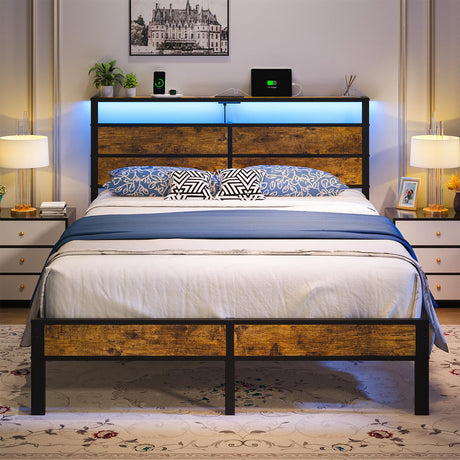 Liians Queen Size Bed Frame, Queen Bed with Charging Station Headboard and LED Lights, Platform Bed with Metal Slats, No Box Spring Needed Liians