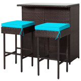 RELAX4FLIE 3-Piece Outdoor Bar Set, Patio Wicker Bar Table and Chairs Set w/Cushioned Stools 2 Open Shelves & Glass Table Top, Rattan Bar Table Set for Poolside, Garden and Backyard (Turquoise) RELAX4LIFE
