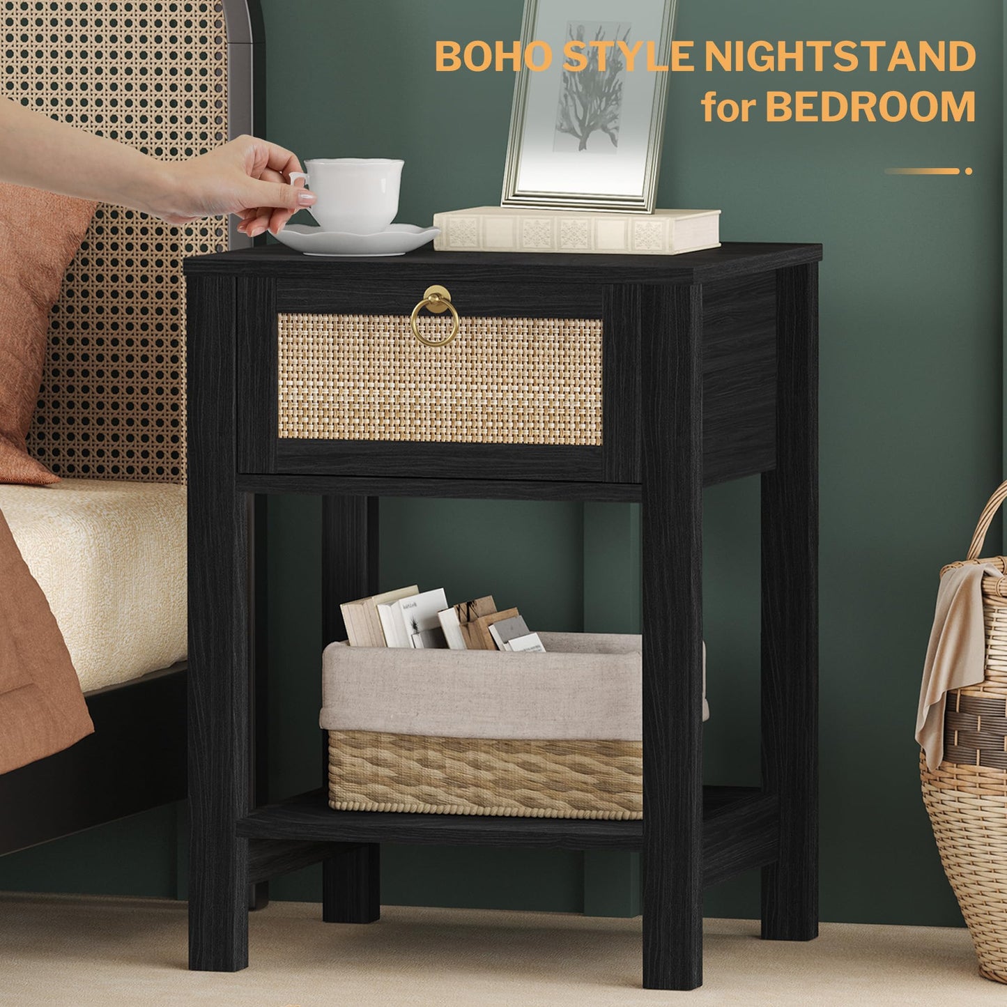 SICOTAS Black Nightstand Set of 2 - Rattan Decor Drawer with Brass Knobs Night Stand Wood Bedside Table Boho End Tables Side Tables with Storage Shelf - WoodArtSupply