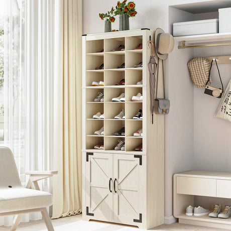 Hzuaneri Shoe Storage Cabinet with Doors, 30 Pairs Free Standing Closet Organizer, 8.8" Widened Cell Wood Shoe Shelves, 10 Tiers Vertical Shoe Rack for Entryway, Bedroom, Rustic White SR20914X Hzuaneri