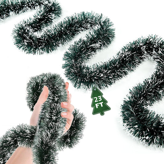 23Ft Christmas Garland - Christmas Tree Tinsel, Christmas Tinsel Decorations for Indoor&Outdoor Home Decor, Christmas Metallic Twist Garland Ceiling Hanging Decorations for New Year(Green)