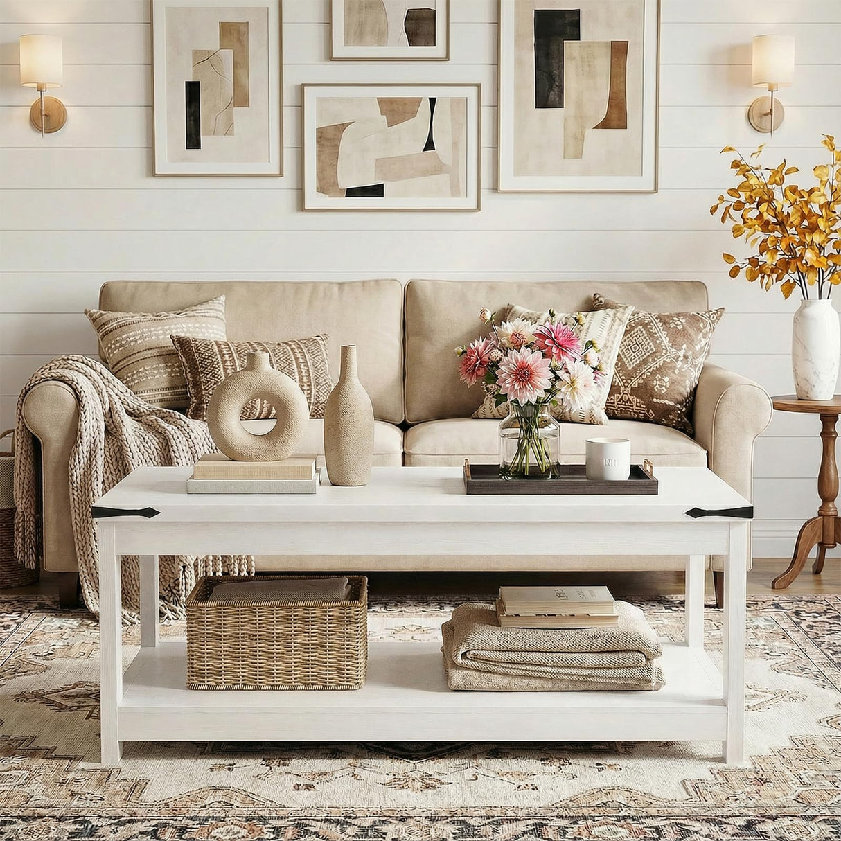 Homieasy Coffee Table with Storage Shelf, 43.3” Farmhouse Wood Coffee Tables for Living Room, Modern Center Tea Table, White