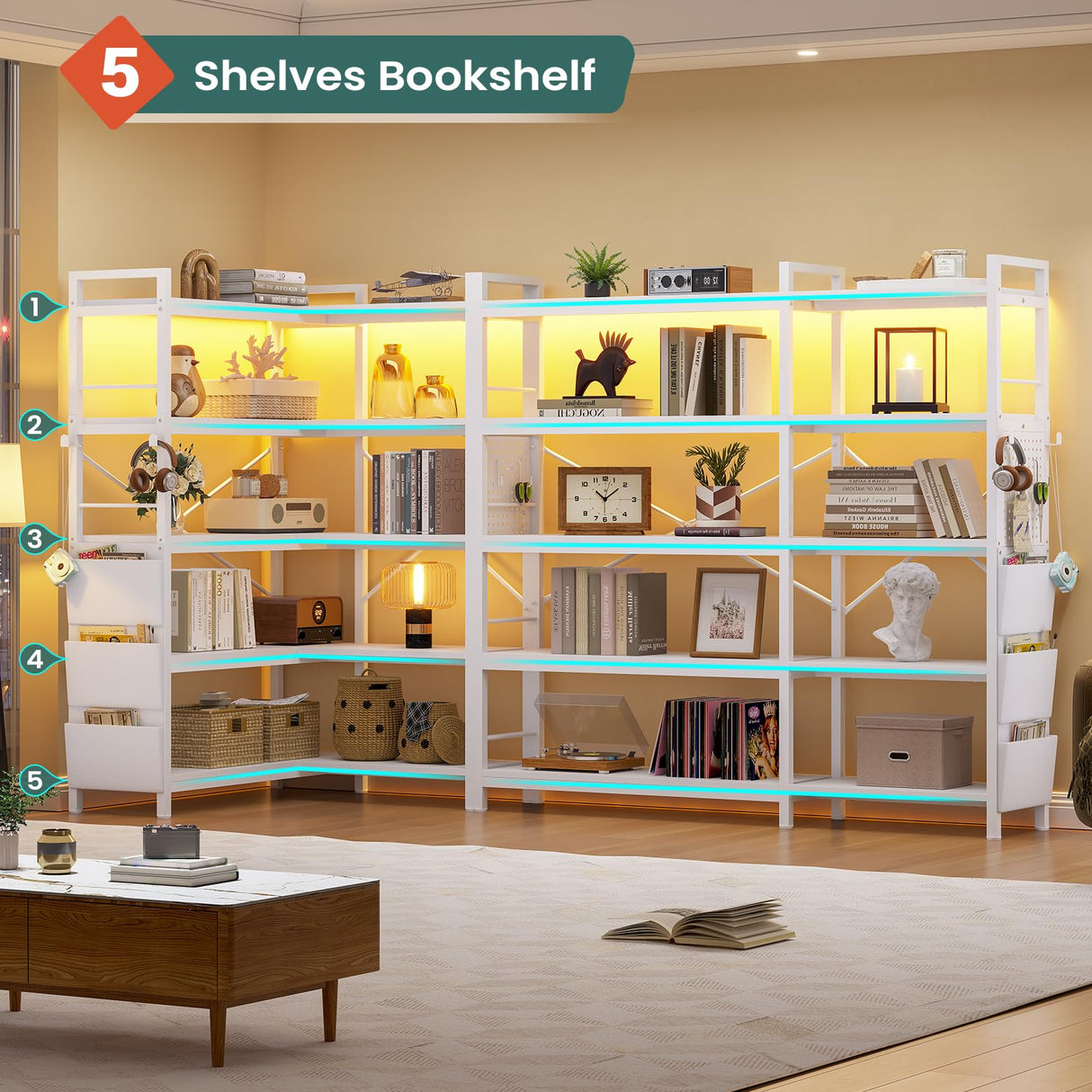 SEDETA 5 Tier Corner Bookshelf, Modern Corner Bookcase, Convertible Bookshelf with Storage Bag, Pegboard & LED Light, Tall Bookshelves for Bedroom, Living Room and Home Office, White SEDETA