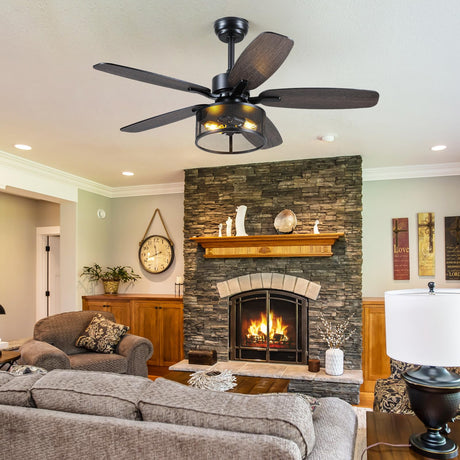 Farmhouse Ceiling Fan with Light and Remote,48" Black Industrial Caged Flush Mount Ceiling Fans for Bedroom,Living room Rustic Fandelier for Patio 6 Speed Reversible,5 Dual Blades Indoor/Outdoor Hounberi